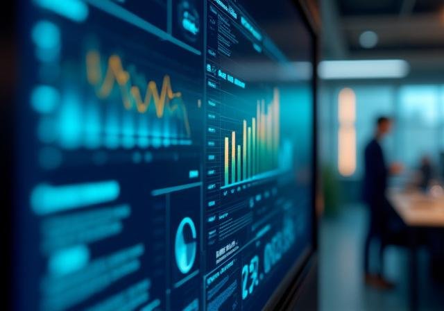 Executive reviewing a high-tech data dashboard with 3D charts