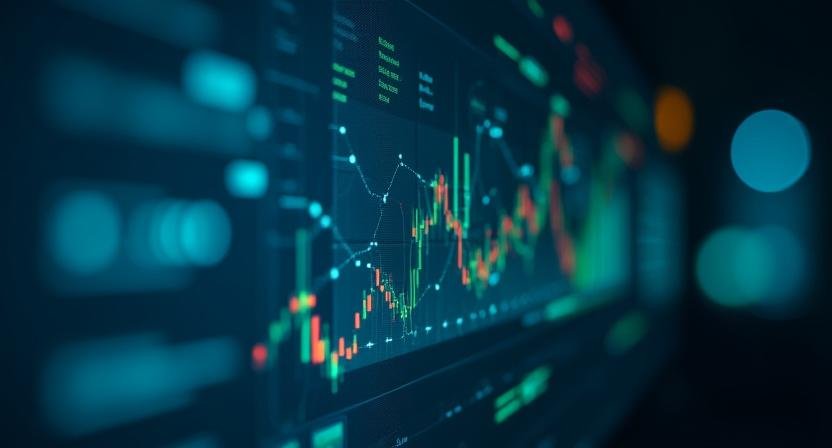 Complex data visualization showing trend forecasting and predictive modeling nodes