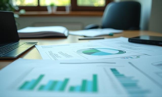 A professional consulting setting with market research reports on a table